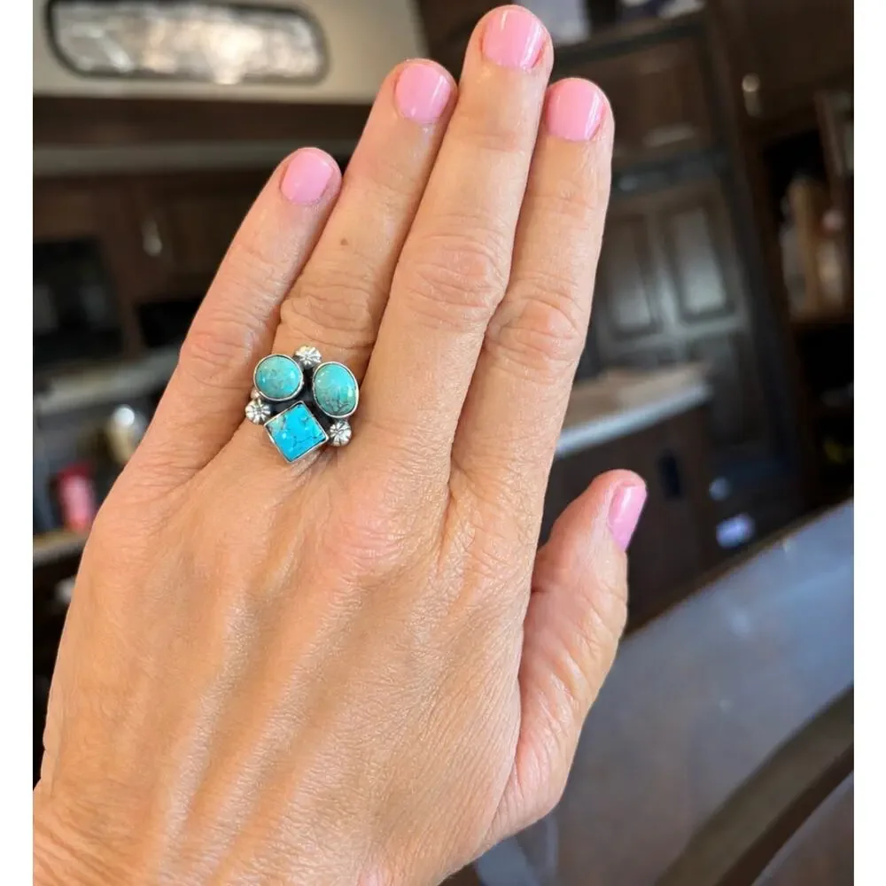 Three Stone Turquoise Sterling Silver Ring Mixed Shape & Color Southwestern Ring